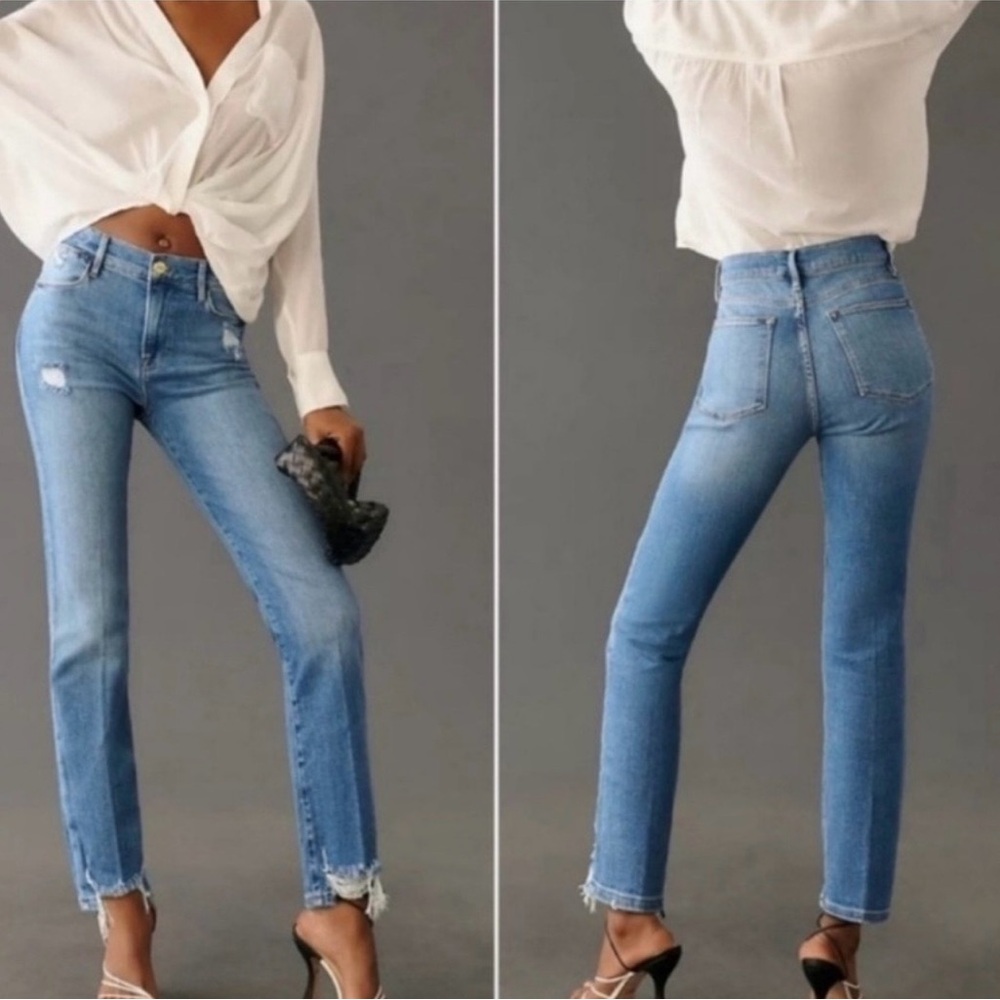 Revolve‎ Frame Le High Straight Laskey Rips Jeans Stretch Classic Medium Wash